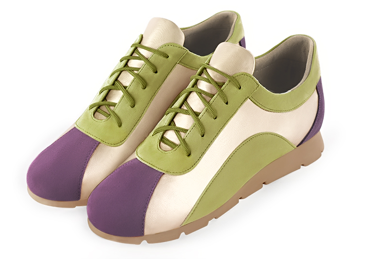 Amethyst purple, gold and pistachio green women's three-tone elegant sneakers. Round toe. Flat rubber soles. Front view - Florence KOOIJMAN